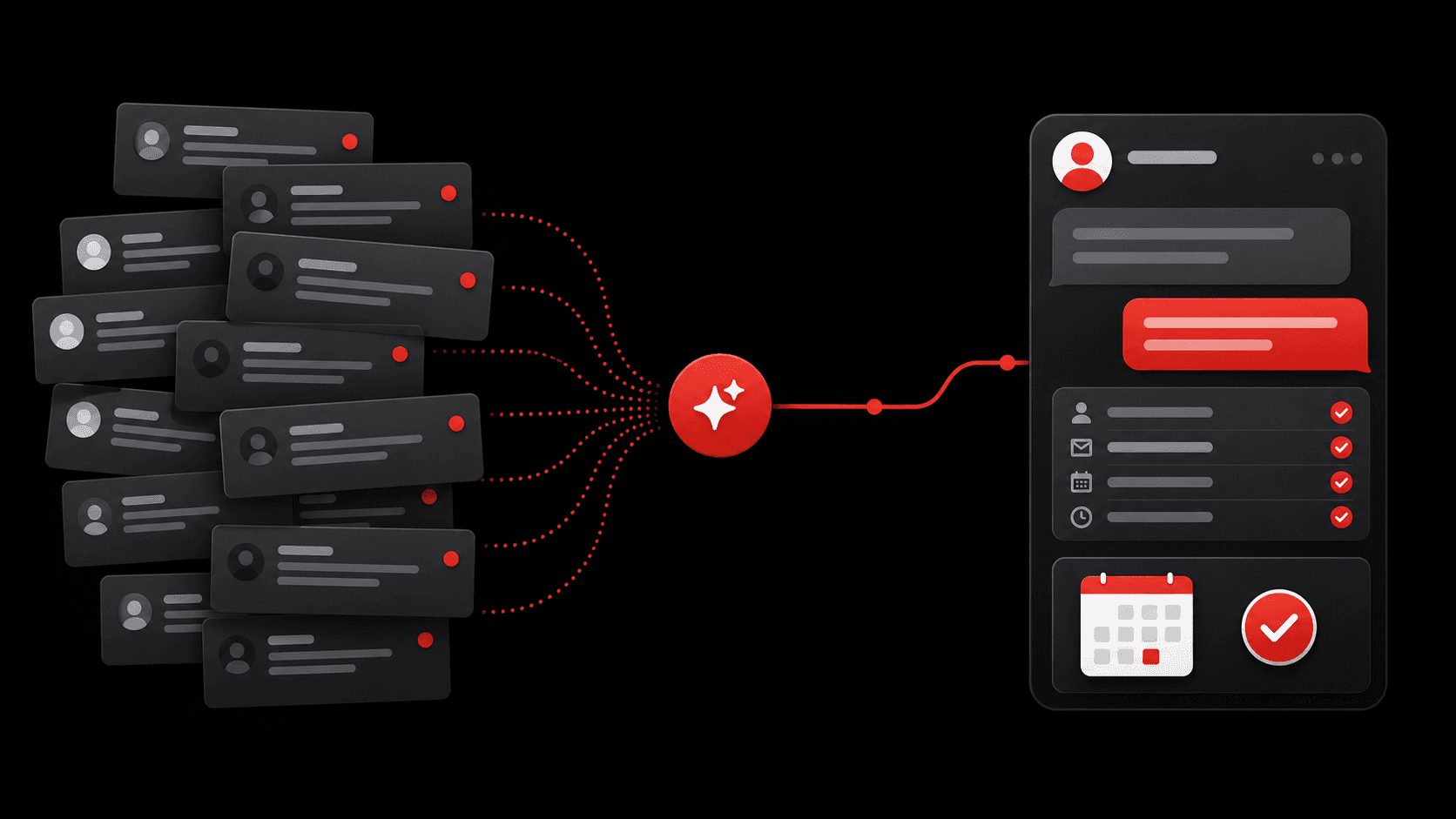A crowded direct-message inbox flowing into one organized AI agent conversation and a confirmed booking