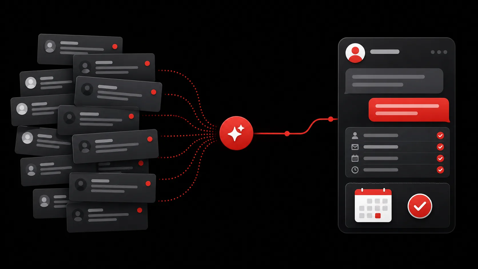 A crowded direct-message inbox flowing into one organized AI agent conversation and a confirmed booking