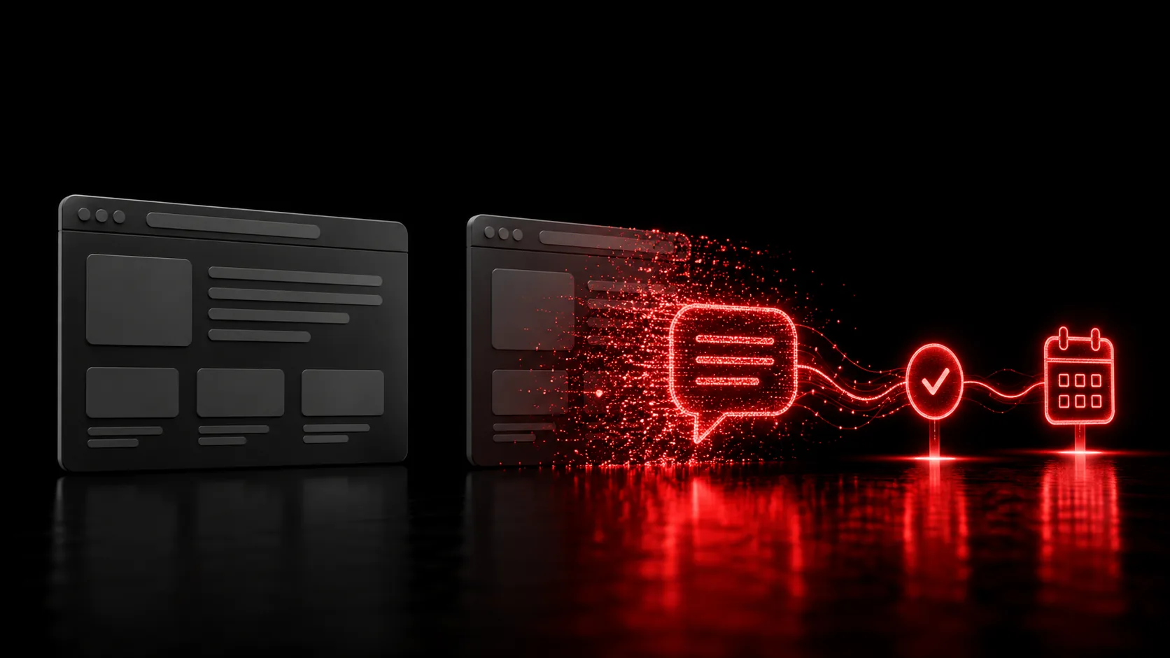 A flat, static browser window next to one dissolving into a glowing conversation thread that connects to a checkmark and a booking calendar